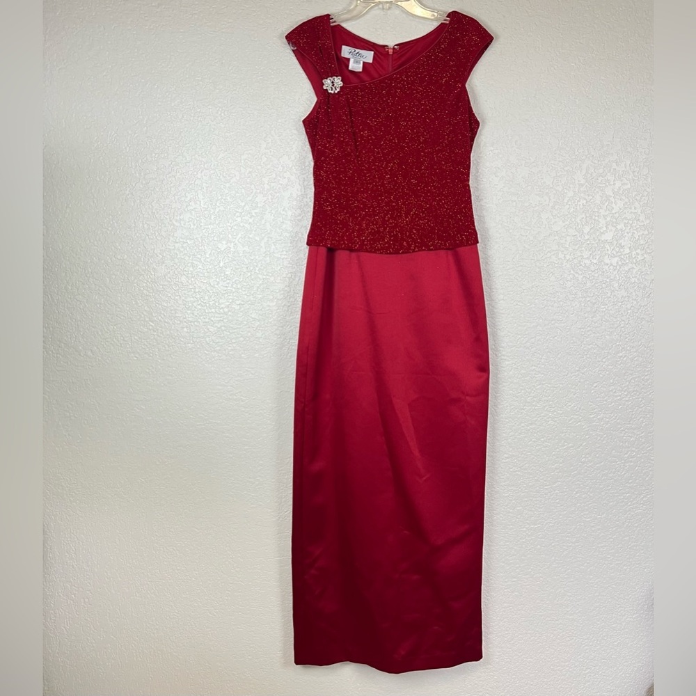 Patra Vintage Red Maxi Evening Gown with Sparkly Bodice & Jewel Broach Size 4